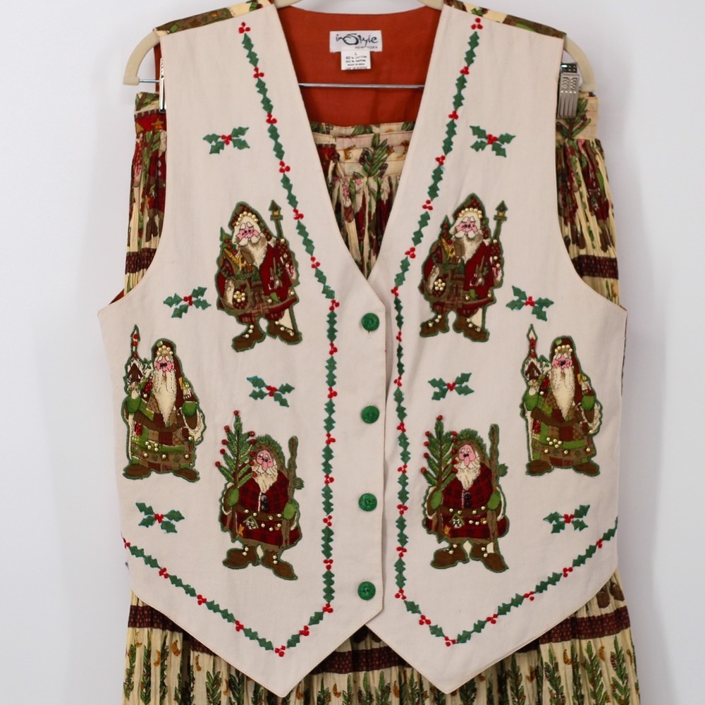 Vtg Santa Clause Maxi Skirt and Vest Christmas Womens L Drawstring inStyle USA